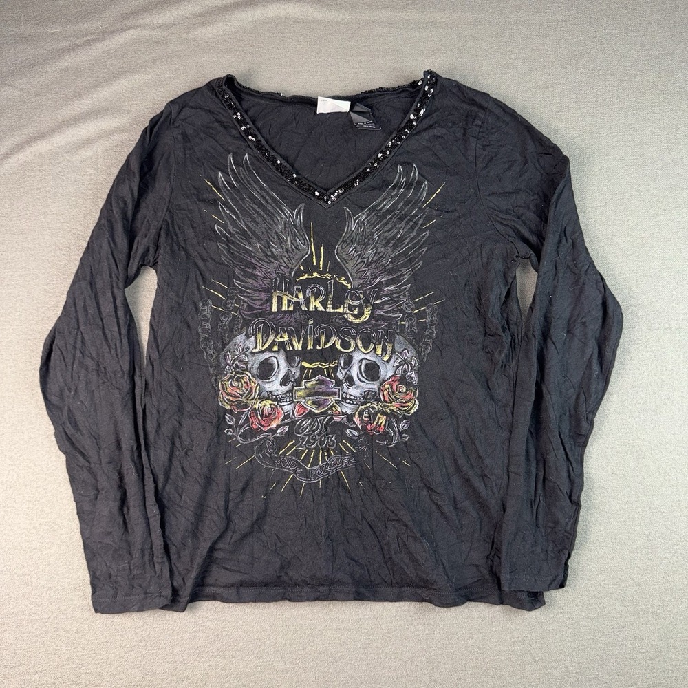 Harley-Davidson Womens Y2K Graphic Long Sleeve Shirt Black Sequin V-Neck M